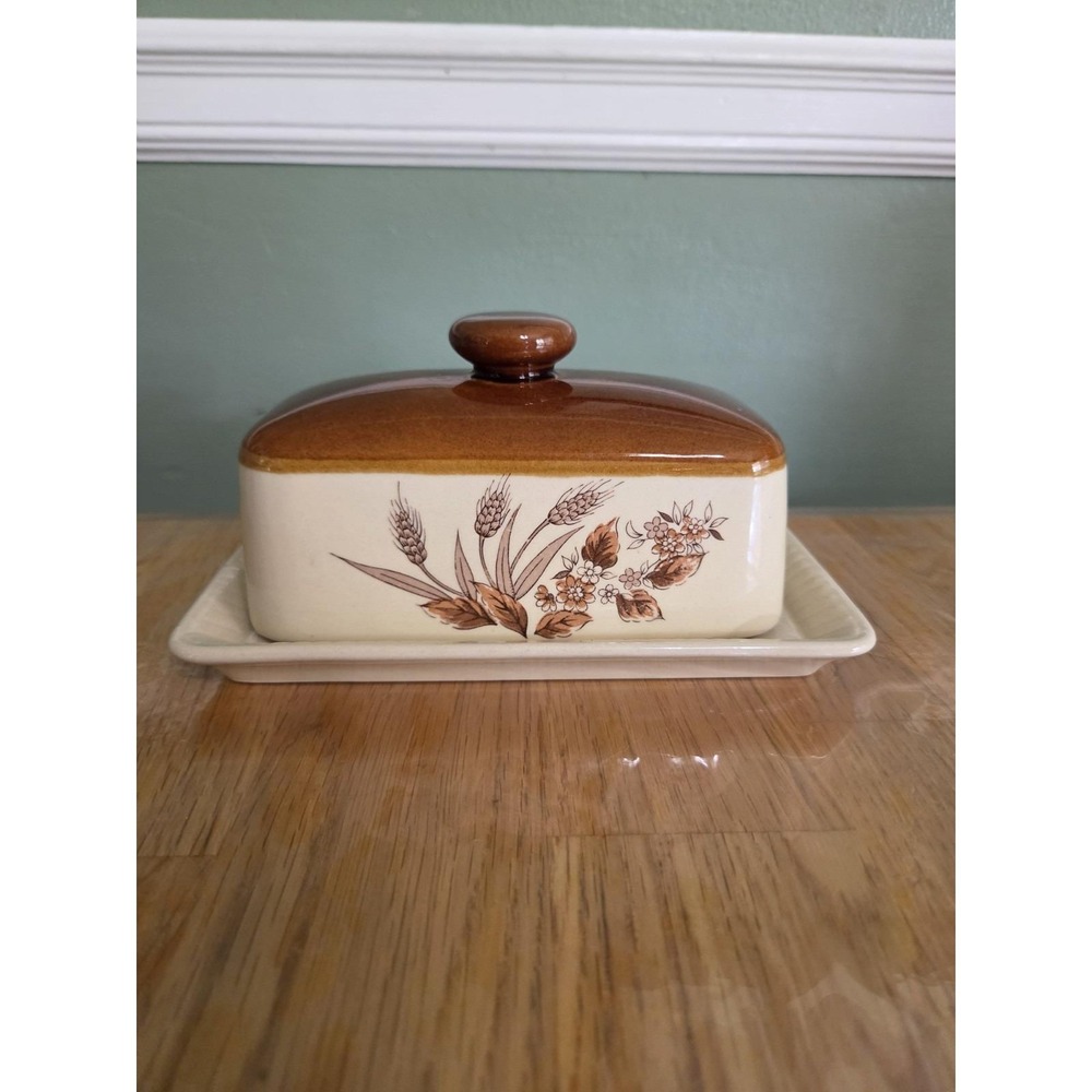 Vintage Made in Japan Covered Butter Dish Wheat Floral Harvest Brown Ceramic
